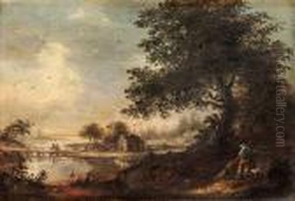 Pastoralt Landskap Med Figurer Vid Insjo - view 1