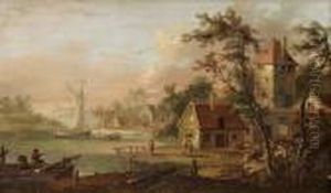 Insjolandskap Med Byggnader, Figurer Och Segelbat