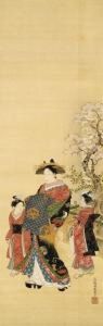 Courtesan Promenading With Attendants Beneath Cherry Blossoms by Isoda Koryusai