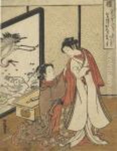 Rei
 [etiquette], A Maid Placing A Mantle On The Shoulders Of A Beauty In An Interior, Signed by Isoda Koryusai