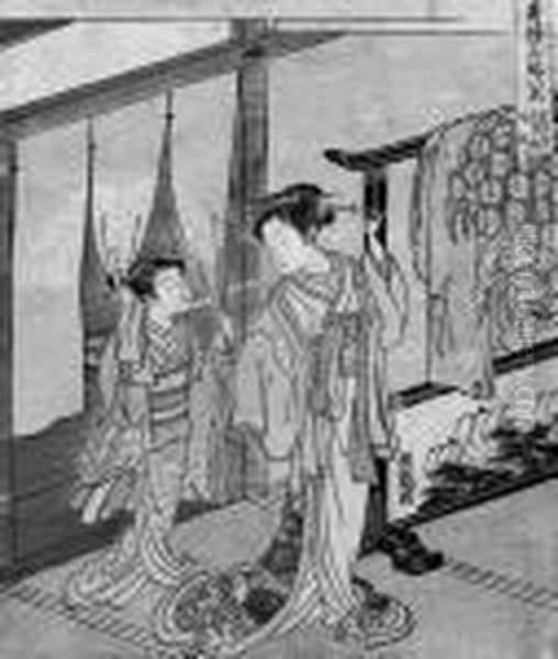 Oryusai 
Chuban
. Serie: 
Seiro Meifu Hakkei
 . Neben Einem Paravent Steht Eine Kurtisane. In Der Tur Steht Ihre 
Kamuro,
 Die Den Vorhang In Den Handen Halt. Bez.: Koryu Ga. Um 1770.
 Guter Druck, Farben Etwas Verblasst, Rander Leicht Beschnitten, - view 1