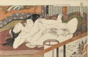 An Oban Print Showing A Young 
Man Penetrating His Ecstatic Partner On A Futon, From The Series Shikido
 Torikumi Juniban (twelve Holds Of Love), Fine Impression, Colour And 
Condition