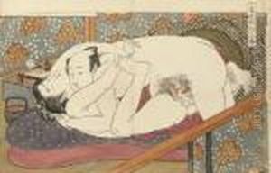 A Young Man Making Love To His Ecstatic Partner On A Futon by Isoda Koryusai
