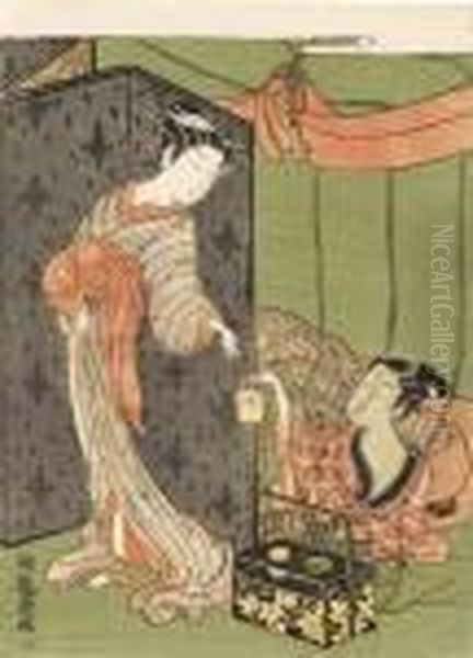 A Young Man Lying Under A
Mosquito Net Hands A Charcoal-holder To A Girl Standing Behind A Folding
Screen, Signed - view 1