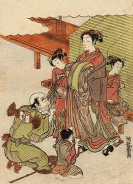 A Design Of A Courtesan
Acccompanied By Her Two Kamuro, An Elderly Beggar And A Young Boy Kneel
In Front Of Her, Signed Koryusai Ga, Very Good Impression, Colours And
Condition; And Another Design Of Two Young Girls Walking With A Dog,
Signed Kory - view 1