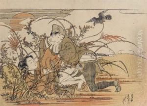 A Falconer And A Young Girl, From The Series Furyu Juniki No Eika by Isoda Koryusai