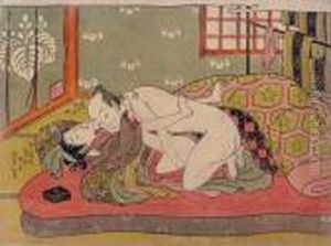 Six Erotic Prints: A Couple Making Love On A Red Futon by Isoda Koryusai
