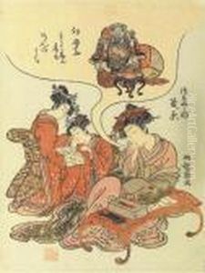 Beauty Dreaming Of Wealth And Two Kamuro Reading by Isoda Koryusai