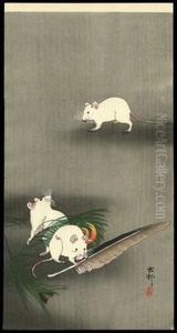Three Mice, One Of Them Nibbling A Feather