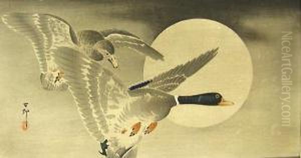 Geese In Flight Before A Full Moon - view 1