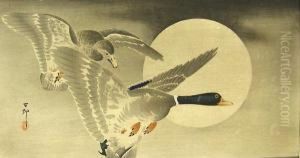Geese In Flight Before A Full Moon by Ohara Koson