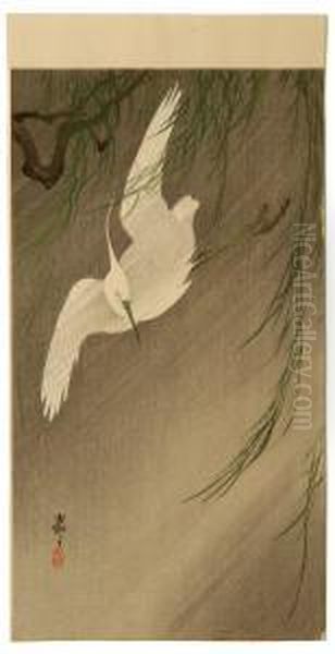 White Egret With Willow Branches. - view 1