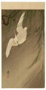 White Egret With Willow Branches. by Ohara Koson