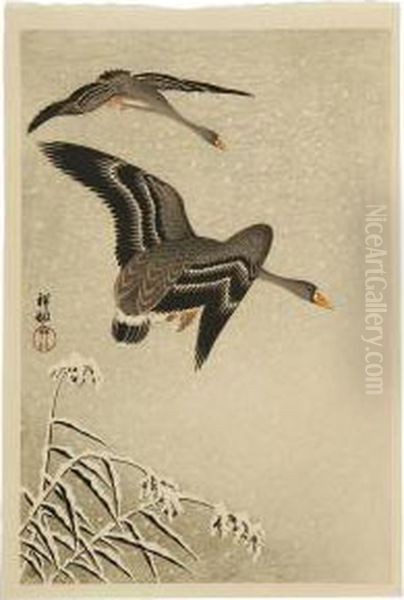 Snowy Reeds And Flying Ducks - view 1