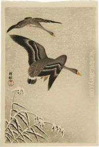 Snowy Reeds And Flying Ducks by Ohara Koson
