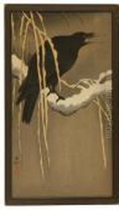 Depicting A Black Crow On A Snow-covered Tree Branch With Willow