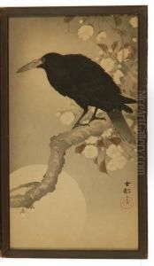 Depicting A Crow On A Flowering Tree Branch With Full Moon