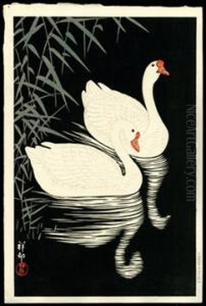 Two Geese Swimming Near Reeds - view 1
