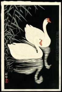 Two Geese Swimming Near Reeds by Ohara Koson