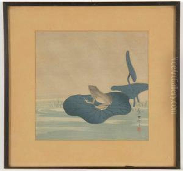Depicting Frog Resting On A Lotus Leaf - view 1
