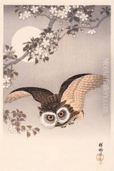 Oban Tate-e. Fliegende Eule Im Mondlicht Unter Bluhendem - view 1