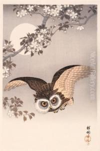 Oban Tate-e. Fliegende Eule Im Mondlicht Unter Bluhendem