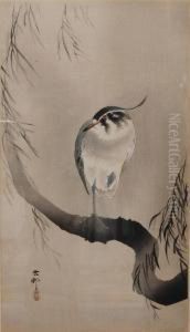 Otanzaku. Ein Reiher Steht Mit 
Angezogenem Bein Auf Einem Weidenast. Sign. Und Siegel "koson". Unter 
Glas Gerahmt. by Ohara Koson
