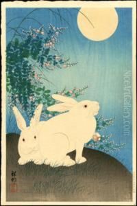 Two Rabbits And Bush Clover, A Full Moonabove