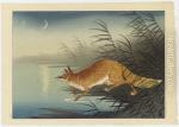 Seven Woodcuts: A Fox In Reeds At A Pond's Edge, A Crescent Moon Above - view 1