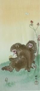 Zwei Kleine Affen Auf Einer Fruhlingswiese, Einer Betrachtet Einen Schmetterling by Ohara Koson