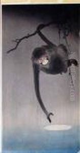 Untitled (monkey Reaching For The Moon) by Ohara Koson