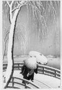 Women Crossing A Bridge In Snow