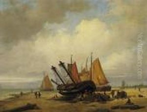 Docking Sailboats On The Dutch Coast. Signed And Dated Lower Left: E.koster 1842 by Everhardus Koster