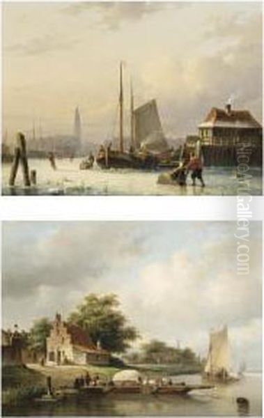 A Winter Landscape With Skaters
On A Frozen Waterway; A Summer Landscape With Boats On A River (a Pair) by Everhardus Koster