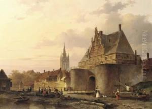 The Waterslootpoort At Delft At Sunset, With The Prinsenhof In The Distance by Everhardus Koster