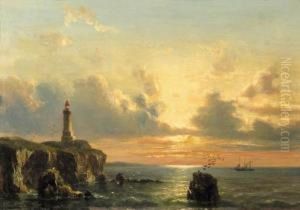 A Coastal Landscape With A Lighthouse At Sunset