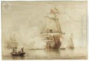 A Man O'war Firing A Salute, Others Nearby by Everhardus Koster