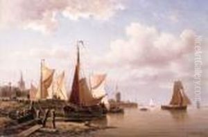 A River Estuary With Moored Fishing Pinks And Townsfolk On Thequay by Everhardus Koster
