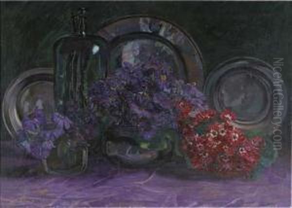 A Still Life With Anemones, A Bottle And Pewter Plates - view 1