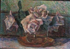 A Still Life With Roses In A Glass Vase by Jo Koster Van Hattum