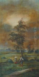 Scena Pod Brzoza, Podrozny W Rozmowie Z Kobieta Grabiaca Siano by Franciszek Kostrzewski