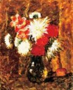 Still Life Of Flowers With Apples by Jozsef Koszta