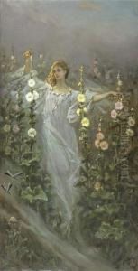 Girls Between Hollyhocks. Girls Between Hollyhocks.