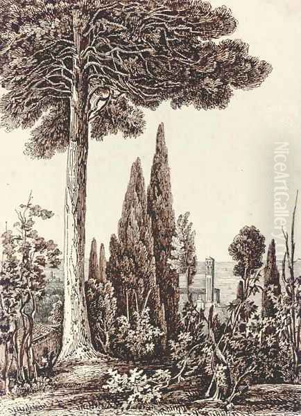 An Italianate tower observed through the trees - view 1