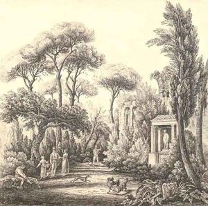 Elegant figures with their dogs in an Italianate park by Harriet Cheney