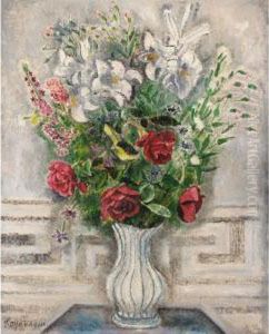 Roses In Blue Striped Jug by Sei Koyanagui