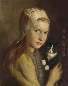 Girl With Her Cat by Heinrich Martin Krabb