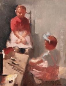 Two Girls Admiring Their Dollhouse by Heinrich Martin Krabb