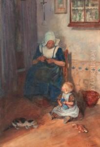 An Interior Scene With A Woman Knitting
