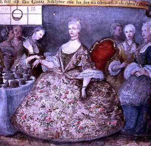 Woman Trying on a Bracelet, from a Silversmith Book Libre de Passenties per Argenters, 1755 by Anton Costa